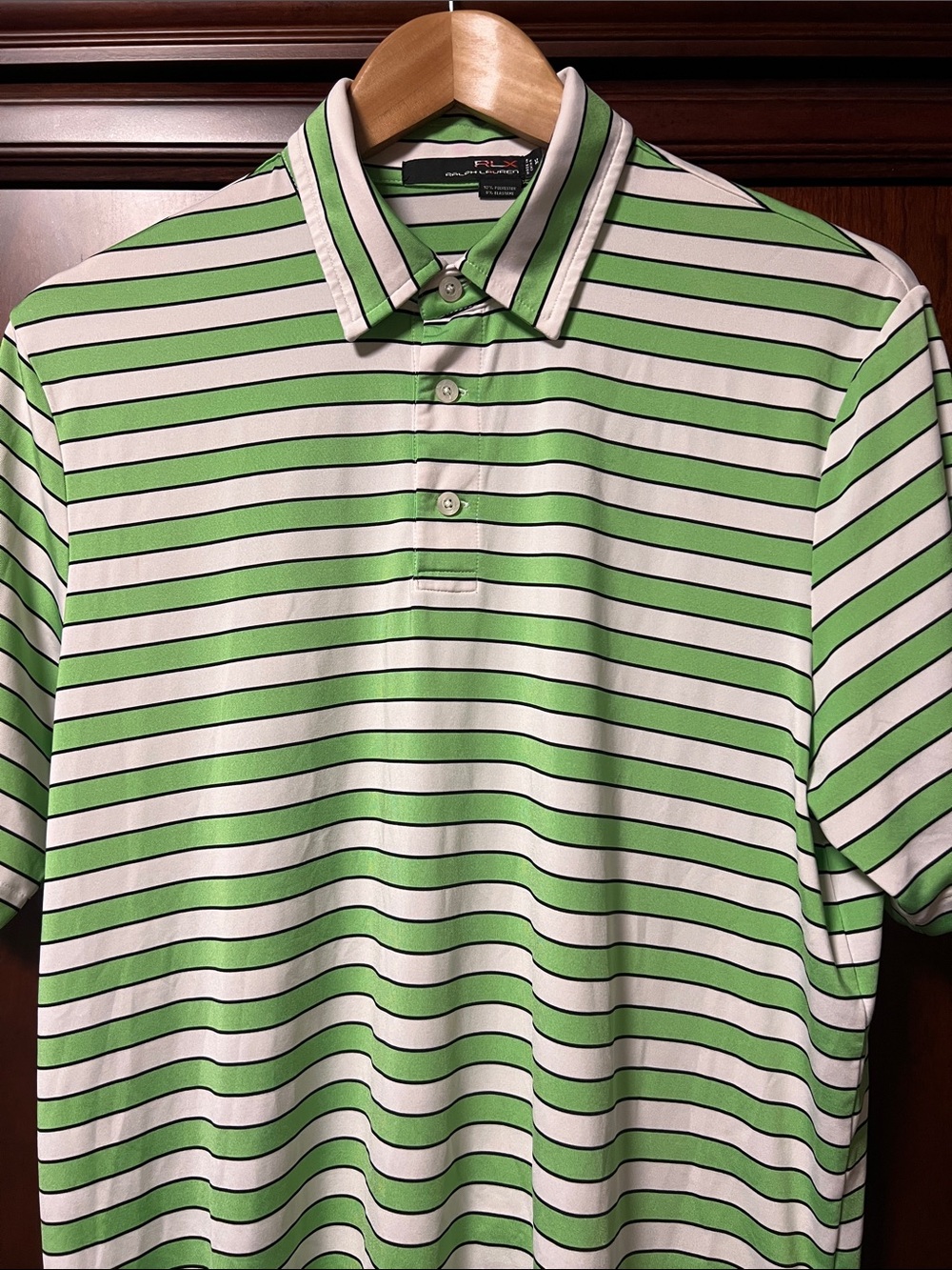 Vintage RLX Ralph Lauren Stretch Golf Polo Medium Green, Black & White strips!
